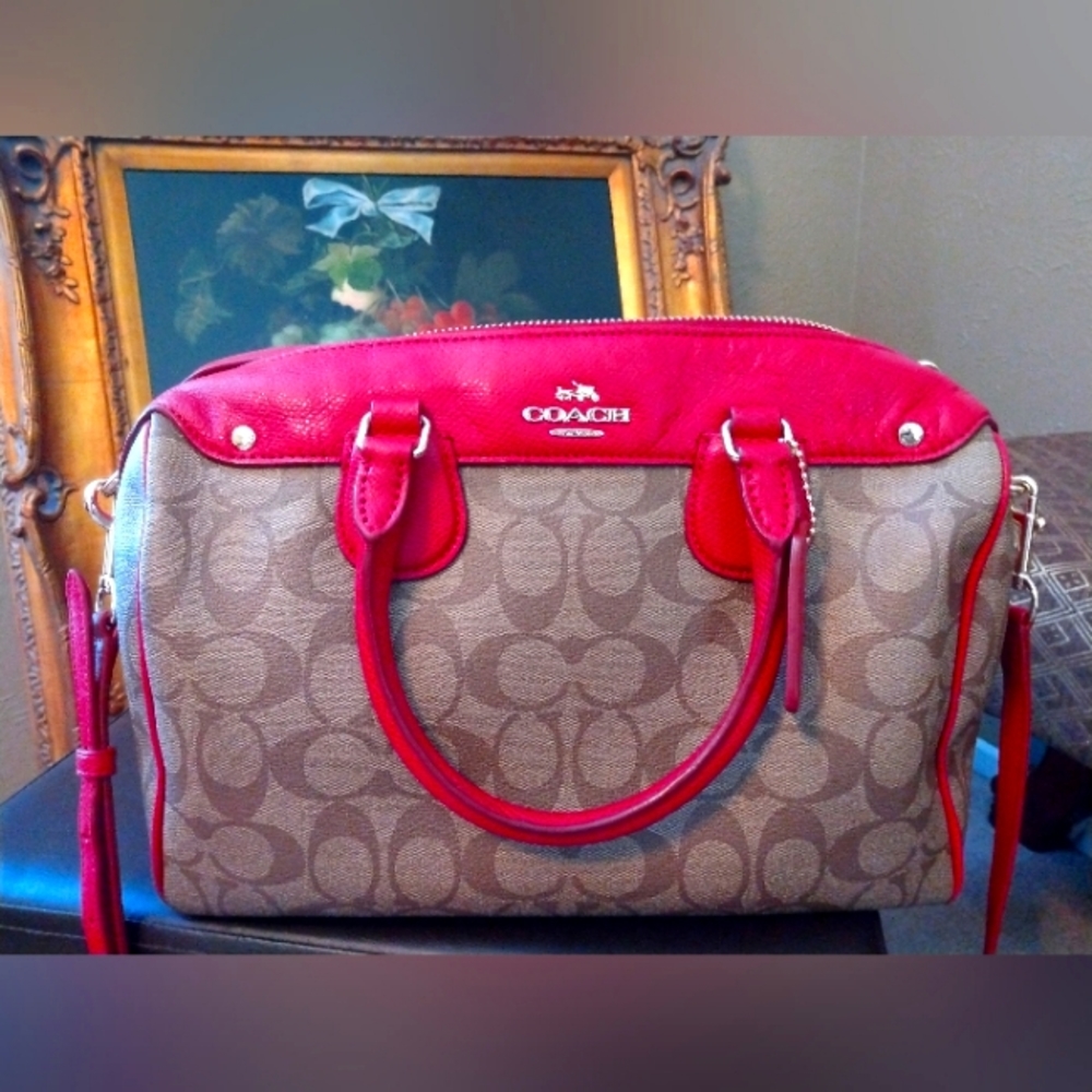 Coach signature tan and red convertible purse